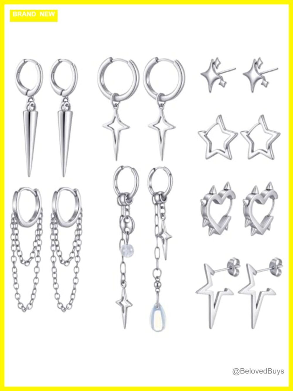 8 Pairs Silver Dangle Hoop Earrings Star Moon Studs Y2K Punk